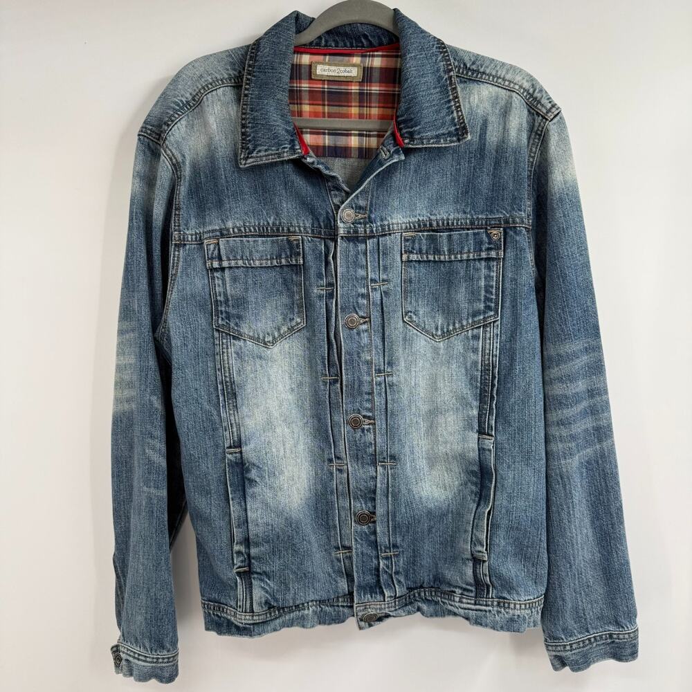 Carbon 2 Cobalt Denim Trucker Jacket Mens L Blue Faded Distressed Pockets Rugged